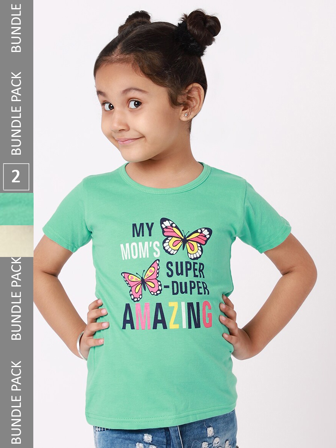 

BAESD Pack Of 2 Girls Typography Printed Cotton Casual T Shirts, Green