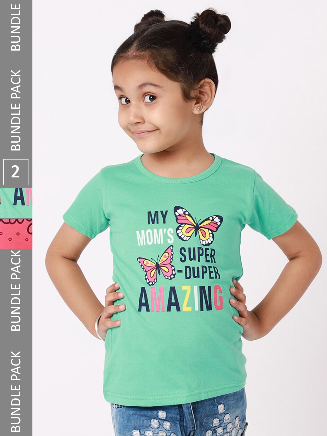 

BAESD Girls Pack Of 2 Graphic Printed Cotton T-Shirt, Green