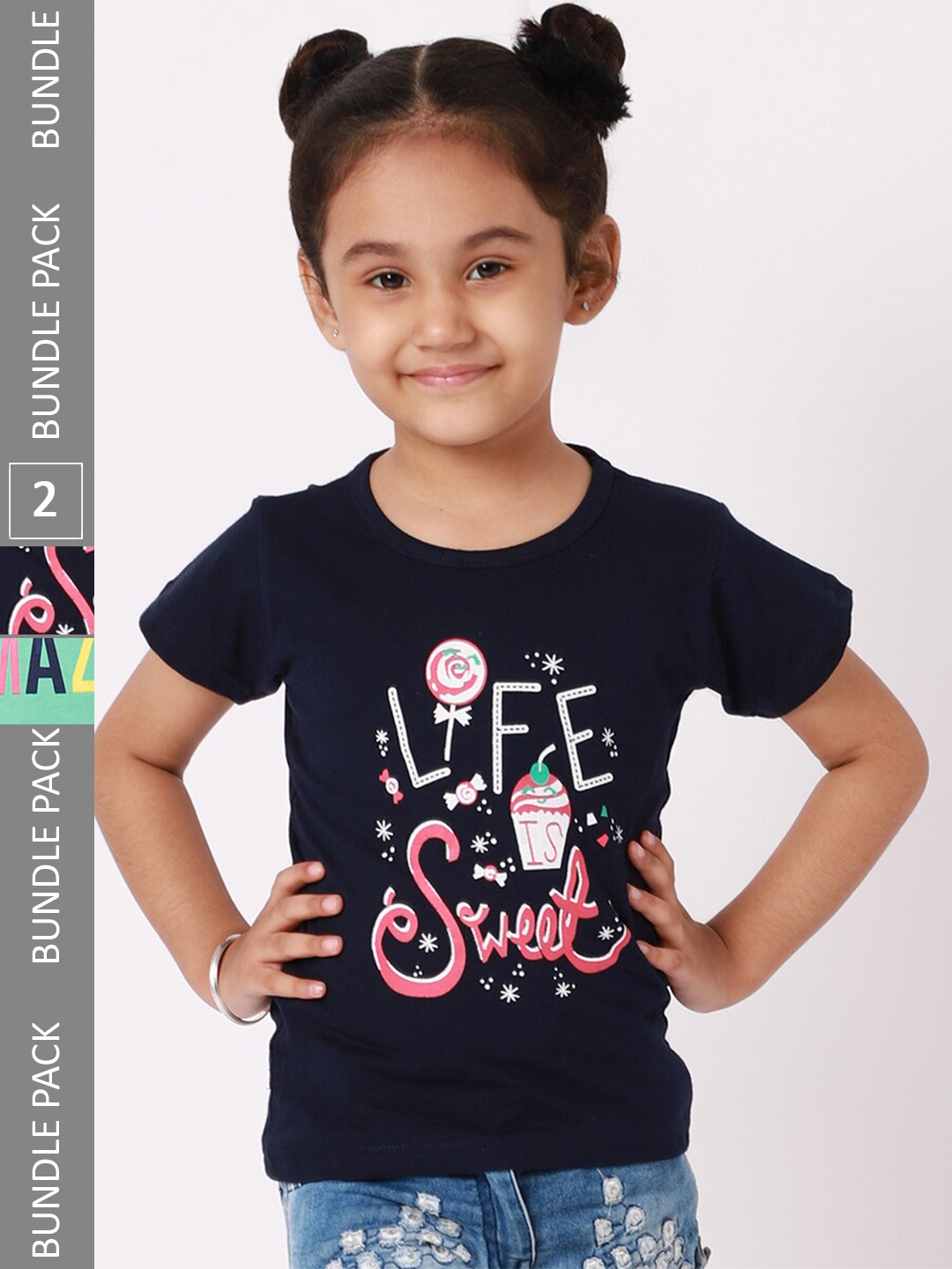 

BAESD Girls Pack Of 2 Graphic Printed Cotton T-Shirt, Navy blue