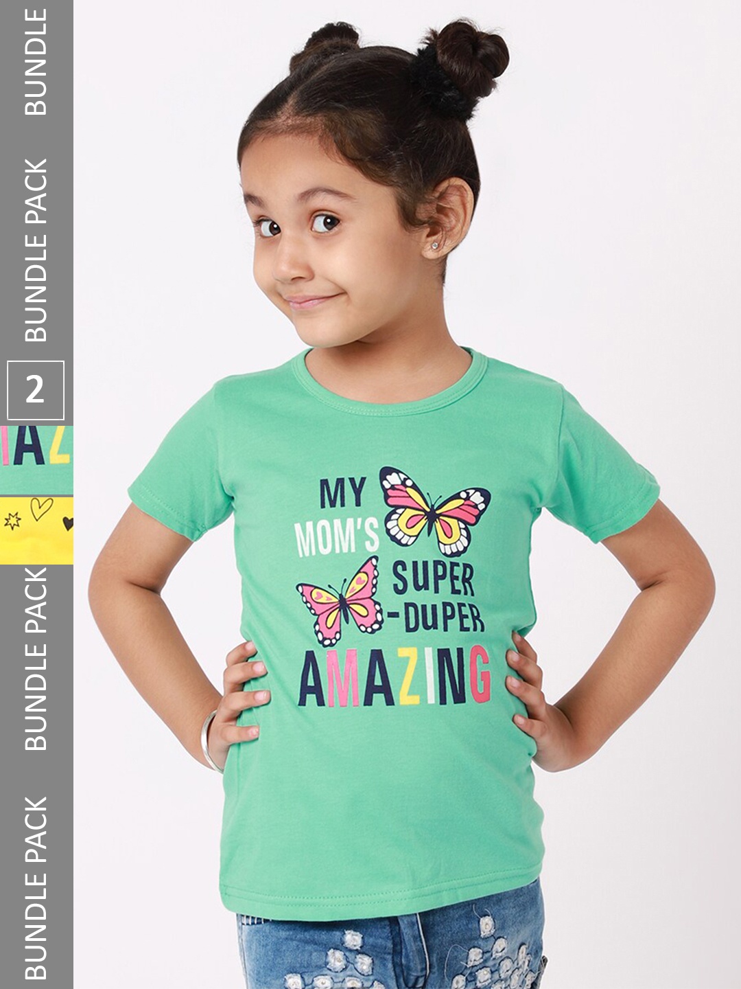 

BAESD Girls Pack of 2 Typography Printed Cotton T-Shirt, Yellow