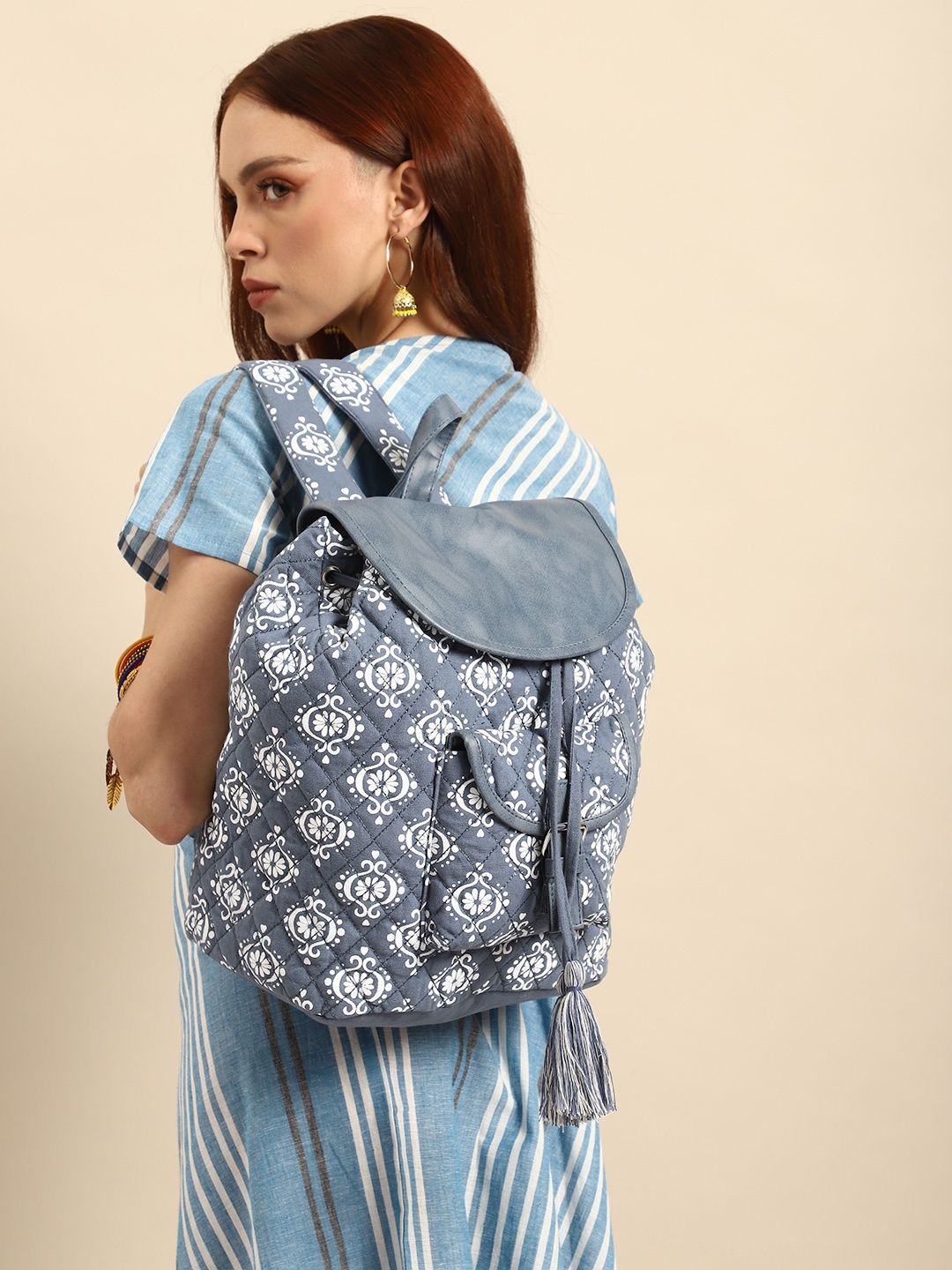 

Anouk Printed Tasselled Cotton Backpack, Blue