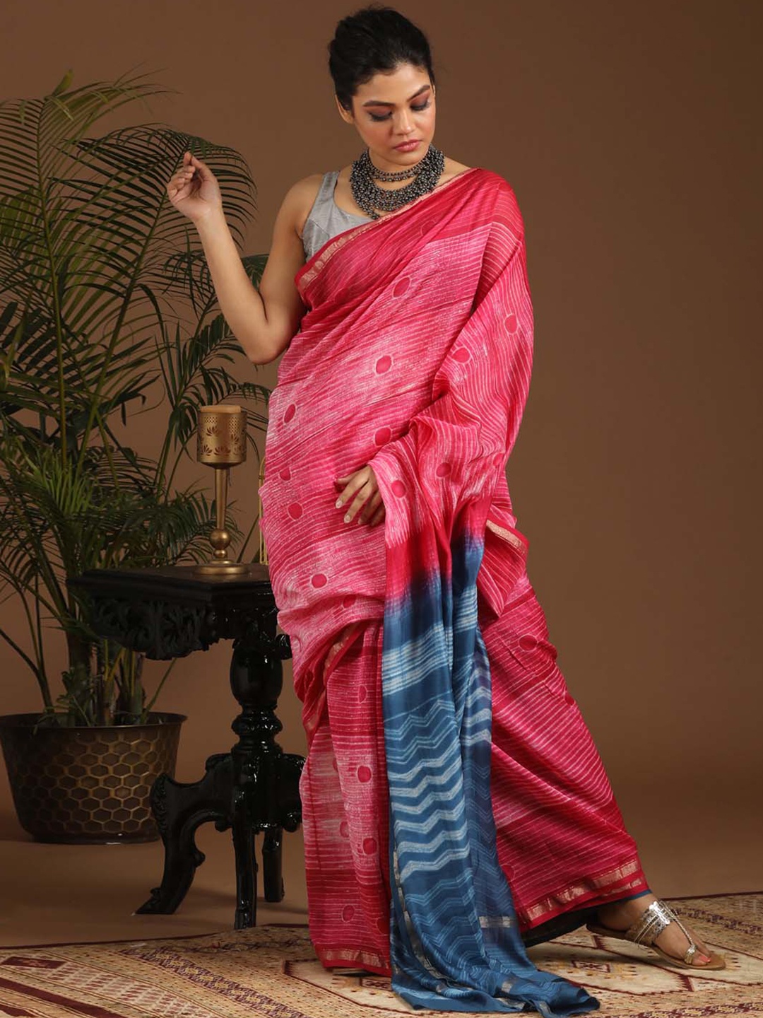 

Indethnic Striped Zari Silk Cotton Chanderi Saree, Pink