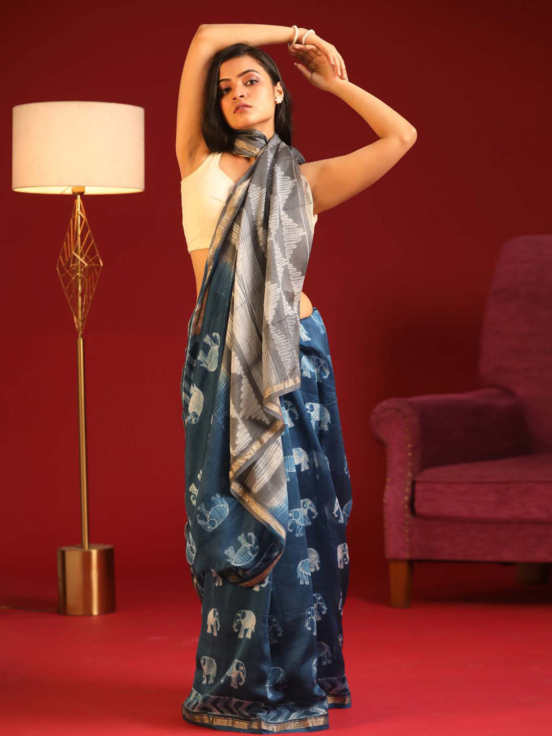 

Indethnic Ethnic Motifs Zari Silk Cotton Chanderi Saree, Blue