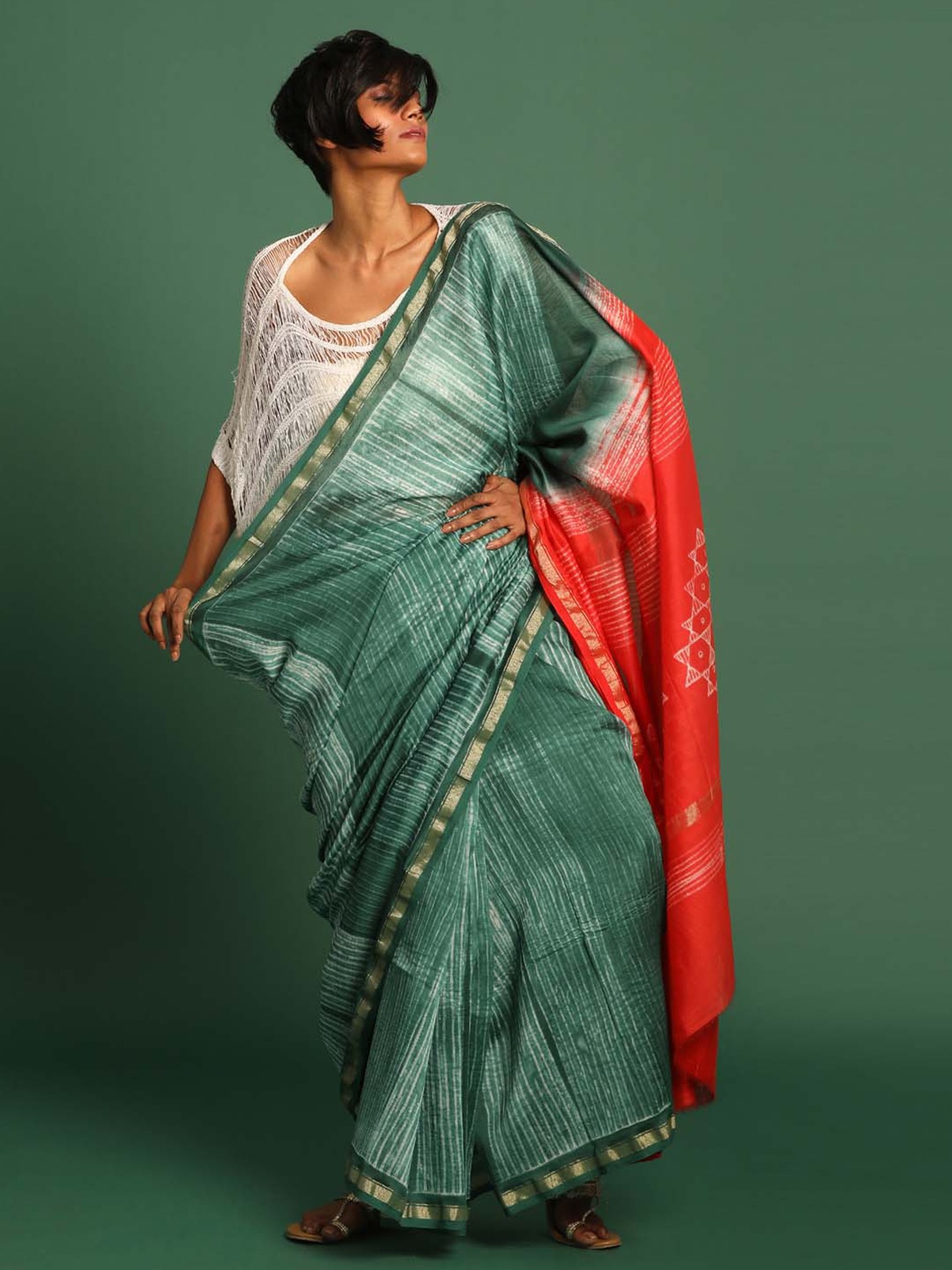 

Indethnic Striped Zari Silk Cotton Chanderi Saree, Green