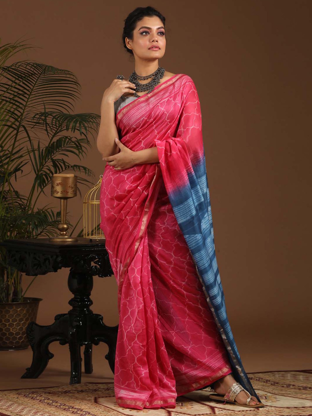 

Indethnic Ethnic Motifs Zari Silk Cotton Chanderi Saree, Pink