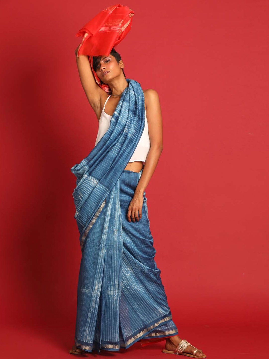 

Indethnic Striped Zari Silk Cotton Chanderi Saree, Blue