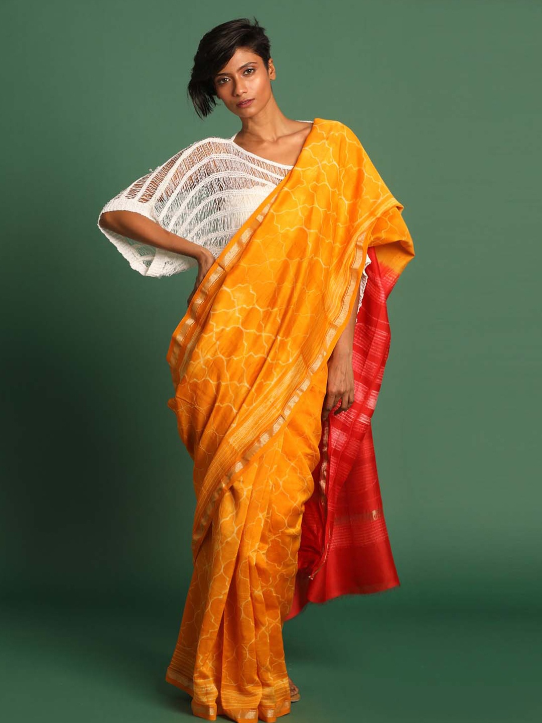 

Indethnic Ethnic Motifs Zari Silk Cotton Chanderi Saree, Yellow