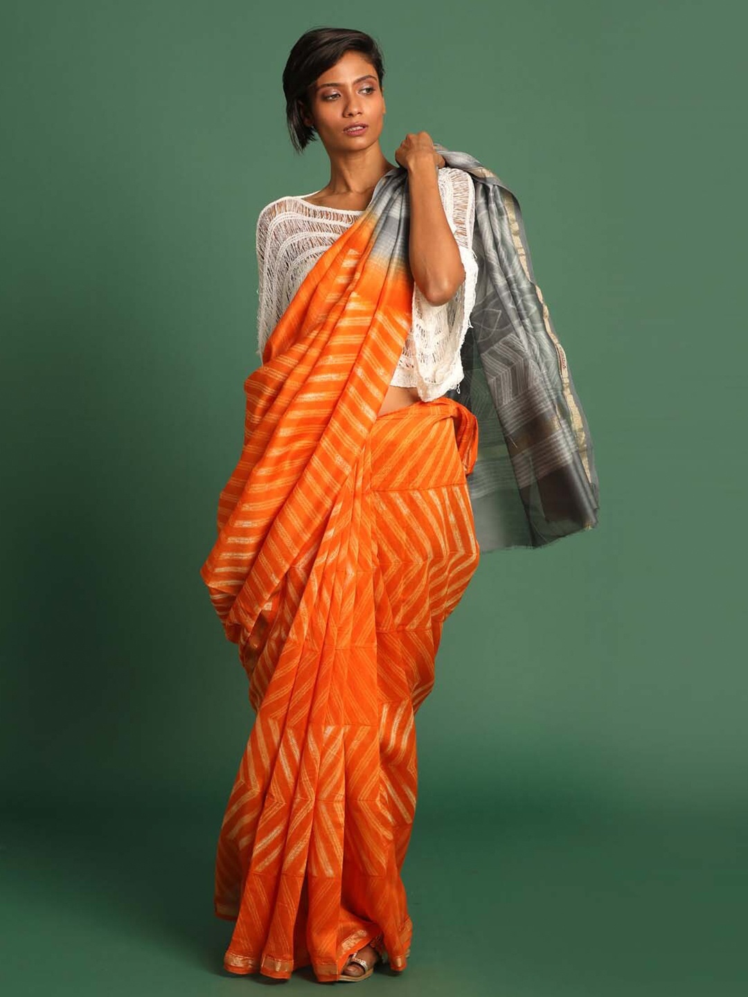 

Indethnic Geometric Print Zari Silk Cotton Chanderi Saree With Blouse Piece, Orange