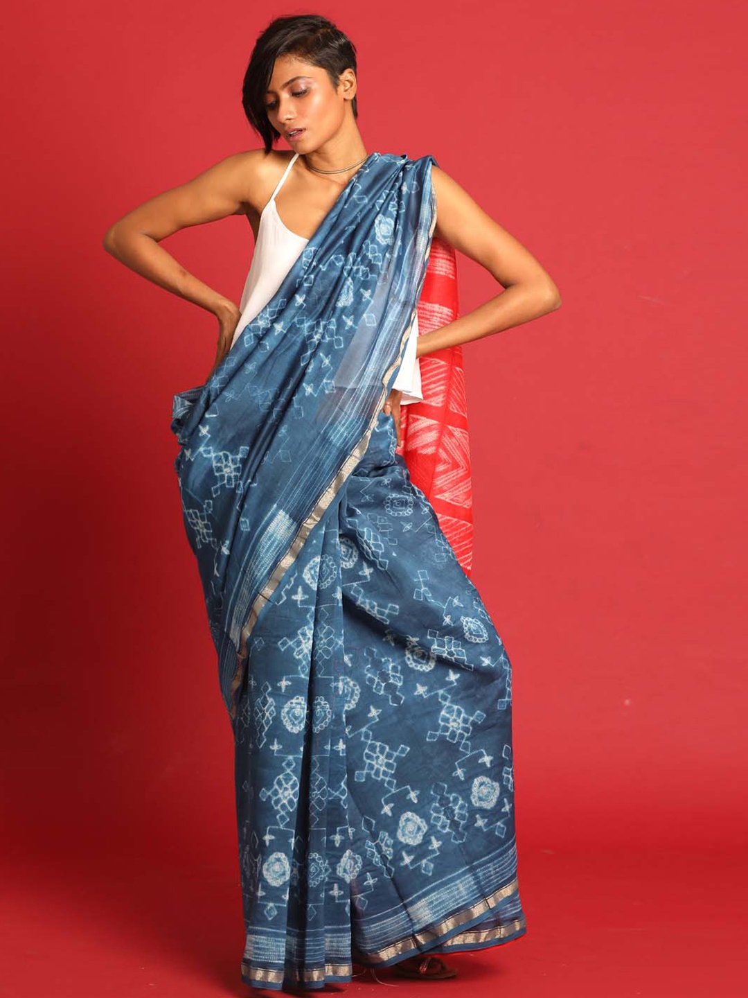 

Indethnic Ethnic Motifs Zari Silk Cotton Chanderi Saree, Blue