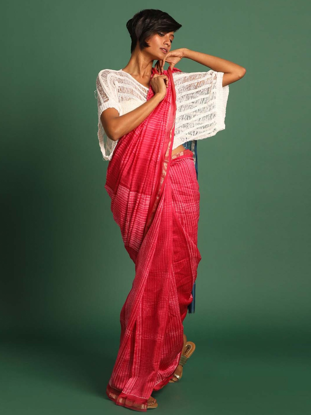 

Indethnic Striped Zari Silk Cotton Chanderi Saree, Pink