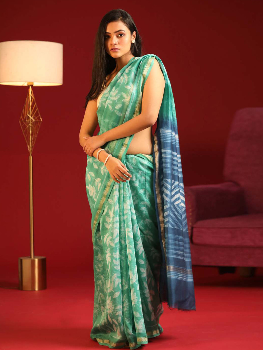 

Indethnic Floral Printed Zari Silk Cotton Chanderi Saree, Green