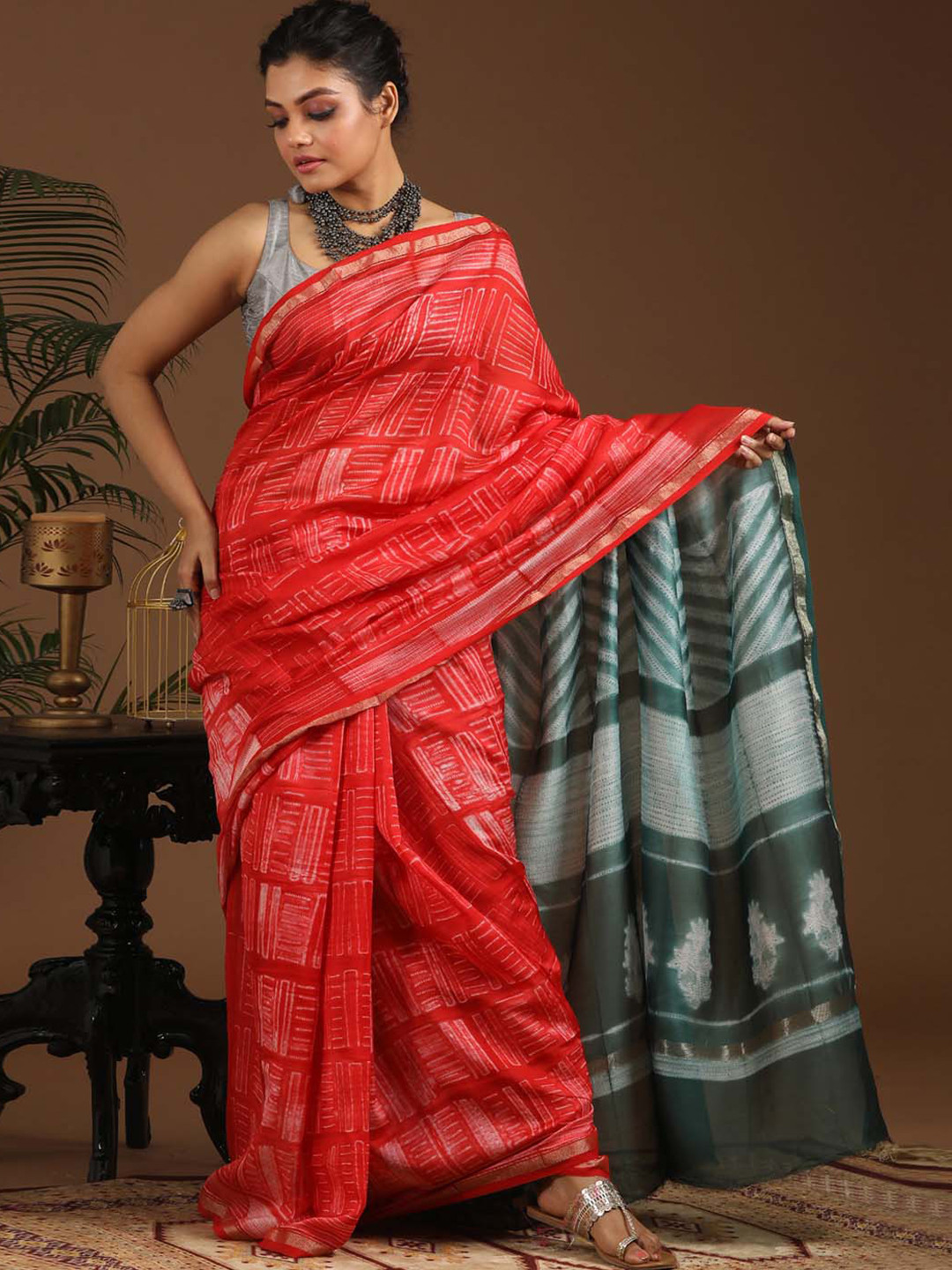 

Indethnic Geometric Printed Zari Silk Cotton Chanderi Saree, Red