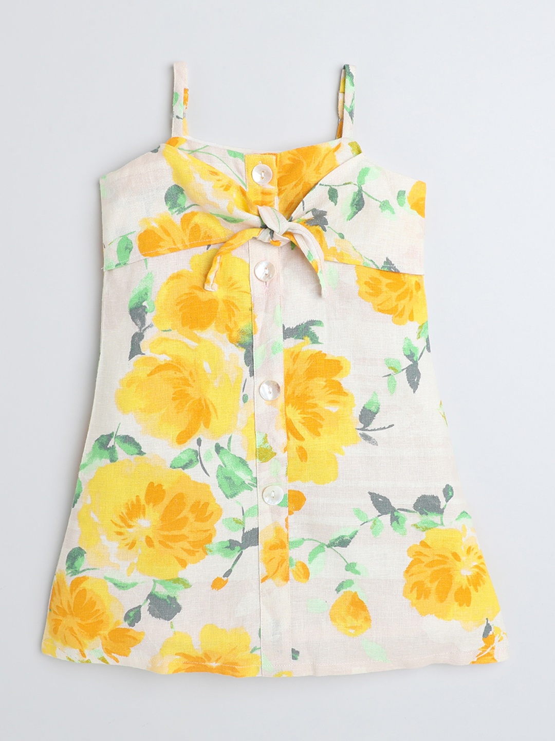 

taffykids Girls Floral Printed Shoulder Straps Pure Linen A-Line Dress, Beige
