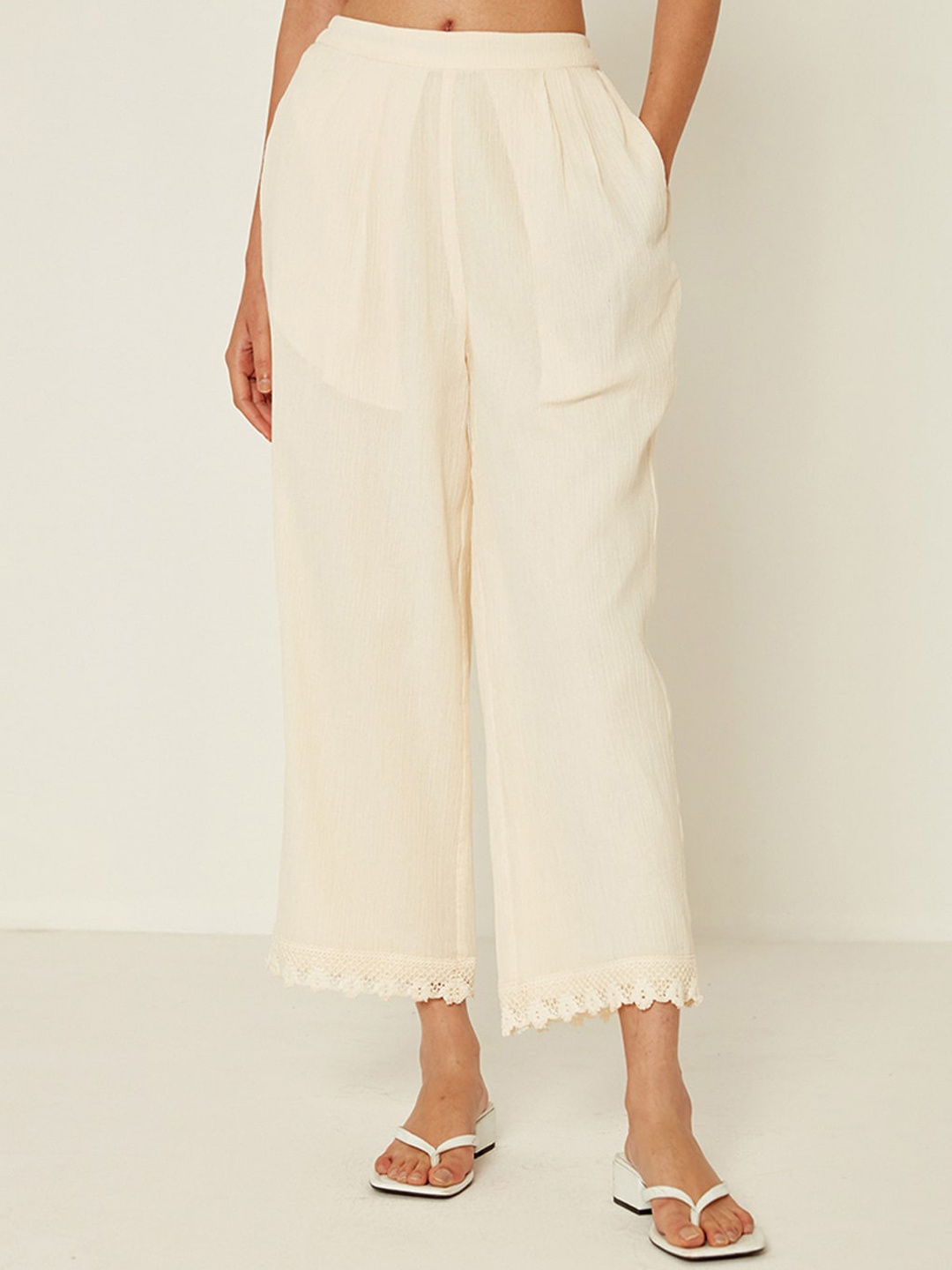 

Ancestry Women Lace Work Crinkle Pleated Trousers, Off white