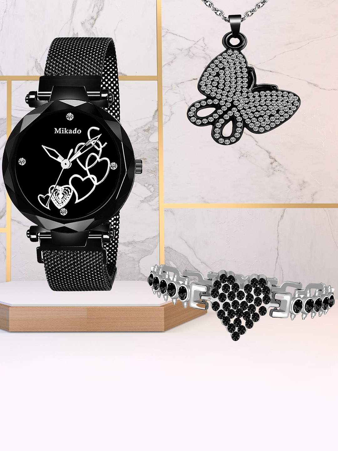 

Mikado Women Analogue Display Watch With Chain & Bracelet Accessory Gift Set, Black