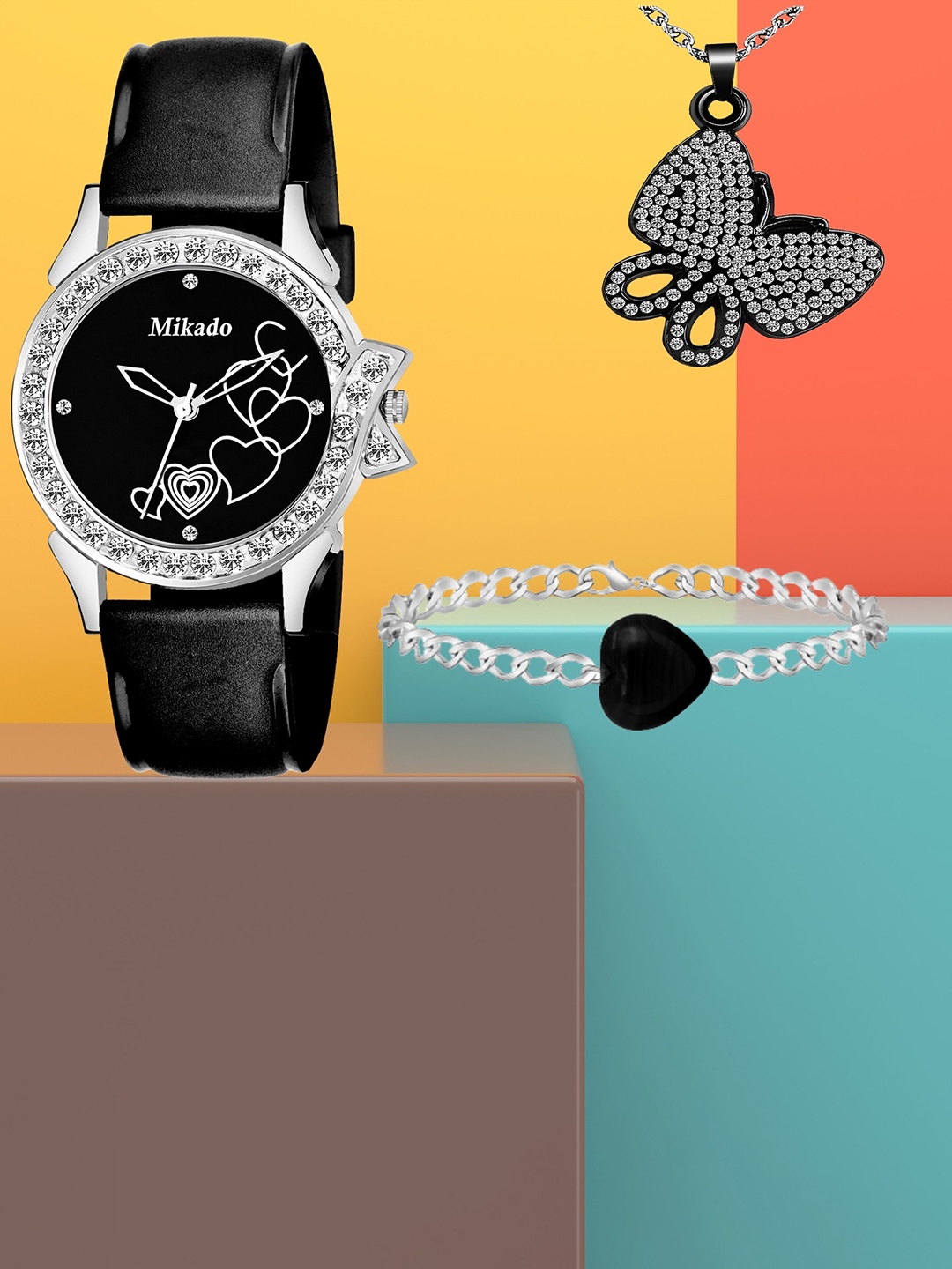 

Mikado Women Analogue Display Watch With Chain & Bracelet Accessory Gift Set, Black