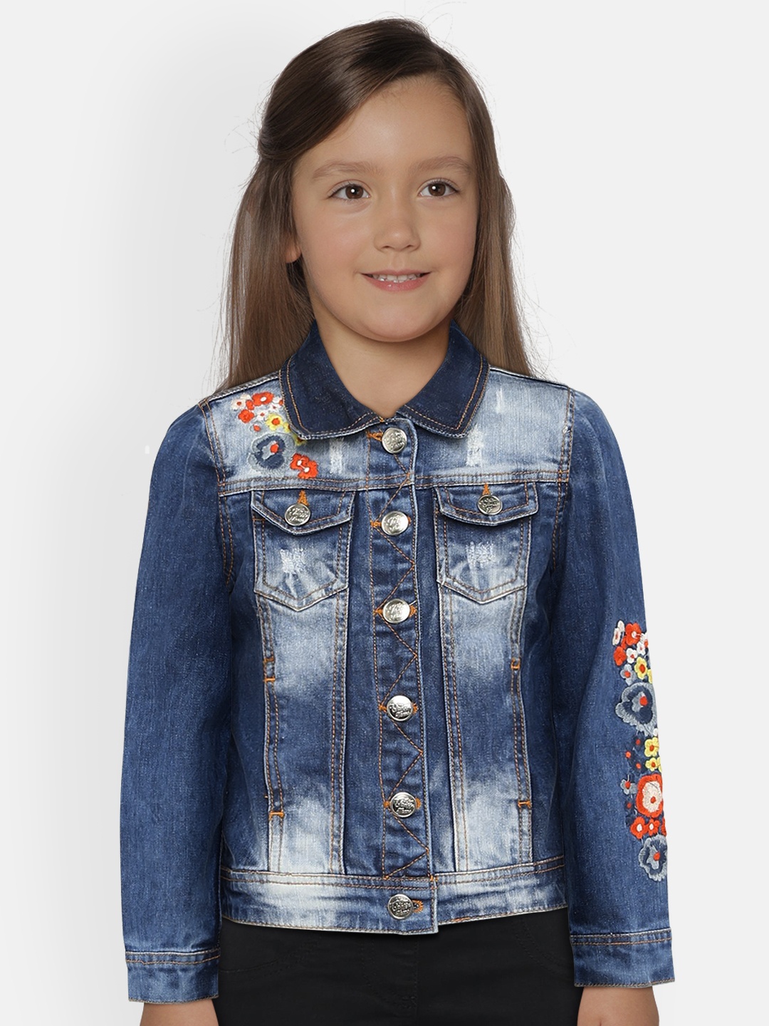

Blue Giraffe Girls Blue Self Design Washed Denim Jacket