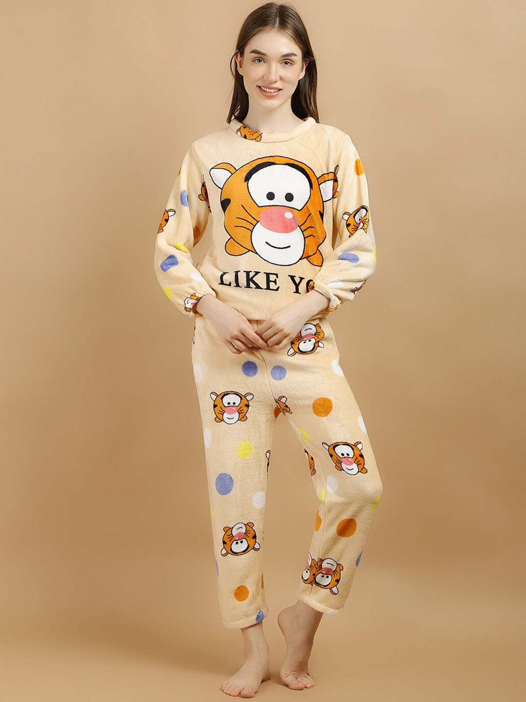 

Lugo Printed Round Neck Night Suit, Cream