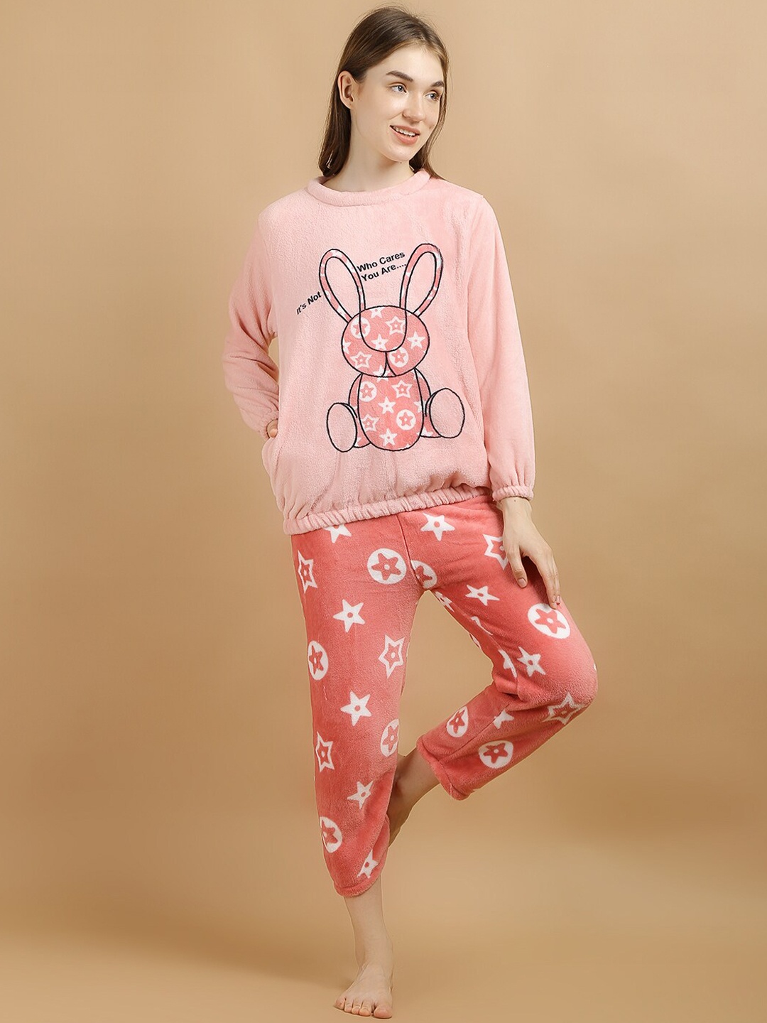 

Lugo Graphic Printed Round Neck Night Suit, Pink