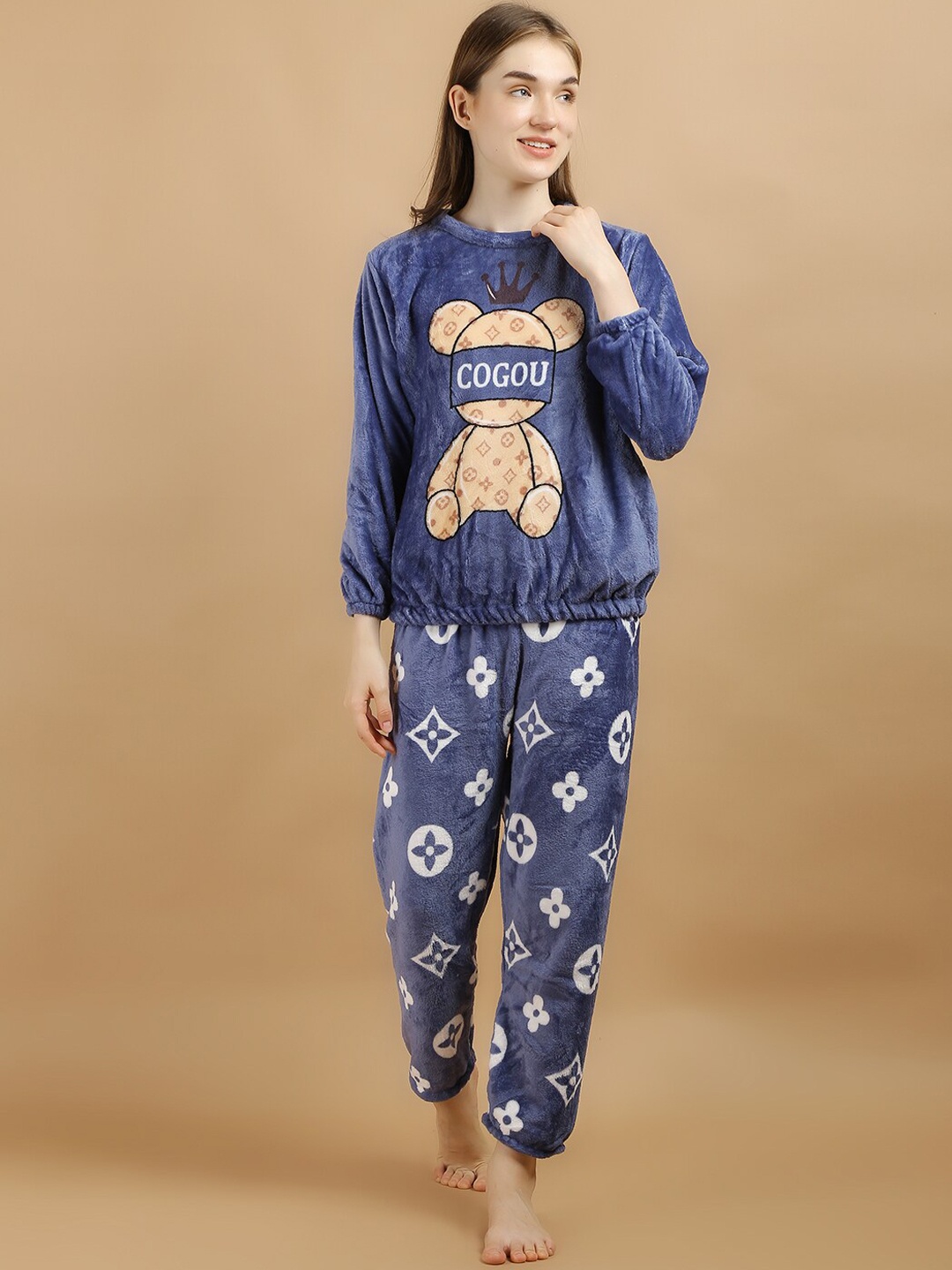 

Lugo Graphic Printed Round Neck Night Suit, Blue