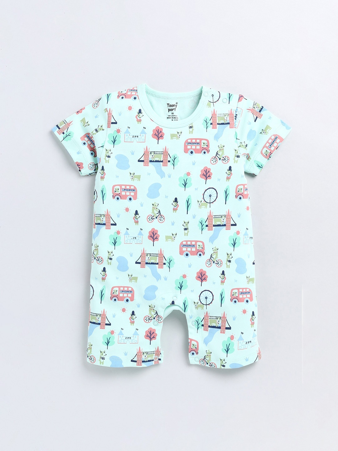 

Toonyport Infants Kids Conversational Printed Cotton Rompers, Sea green
