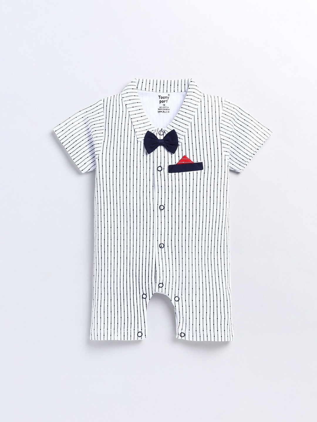 

Toonyport Infants Kids Striped Bow Detail Cotton Rompers, White