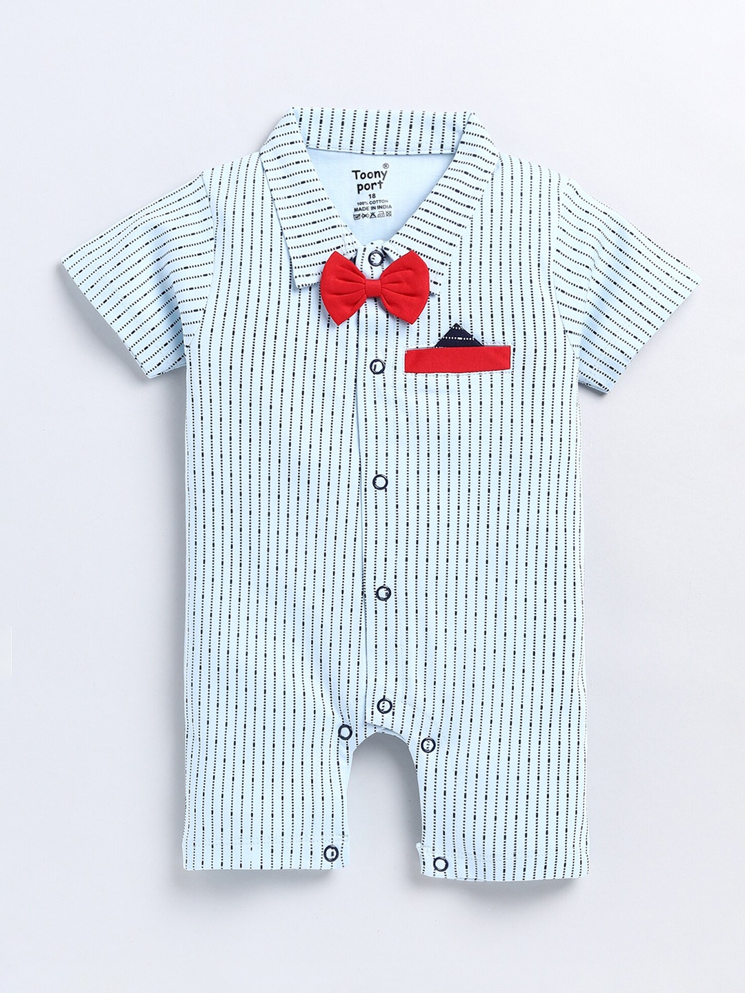 

Toonyport Infants Kids Striped Bow Detail Cotton Rompers, Blue