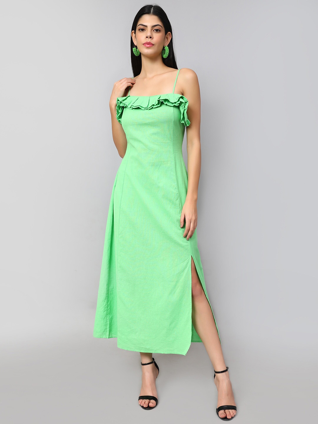 

Amagyaa Ruffled Shoulder Straps A-Line Pure Cotton Maxi Dress, Green