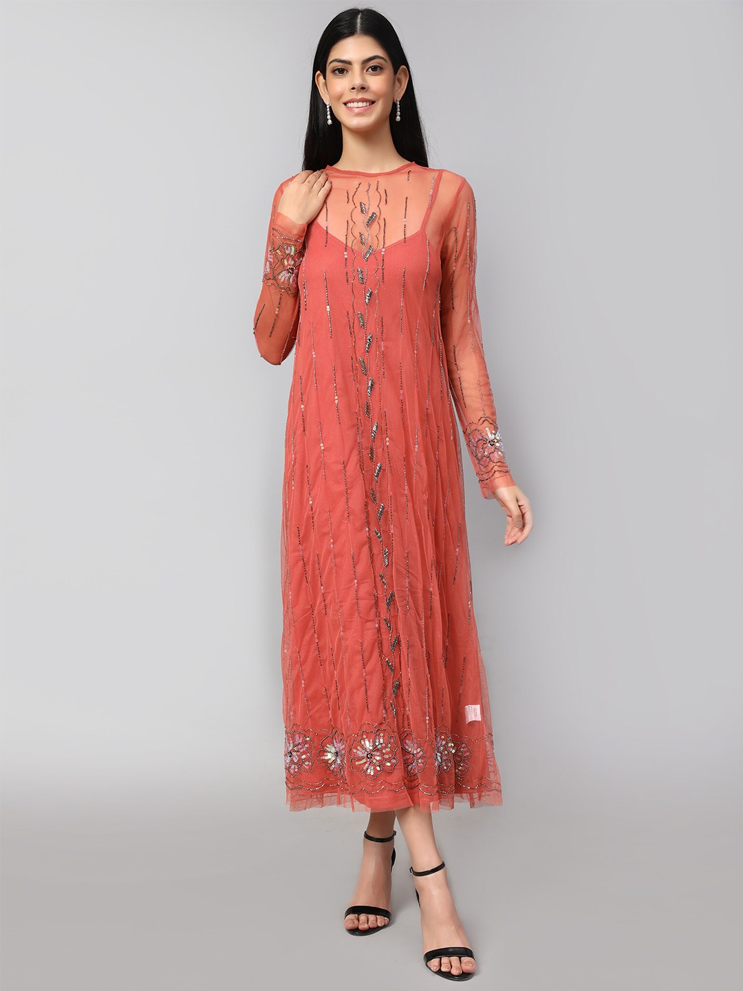 

Amagyaa Floral Embellished A-Line Midi Dress, Rust