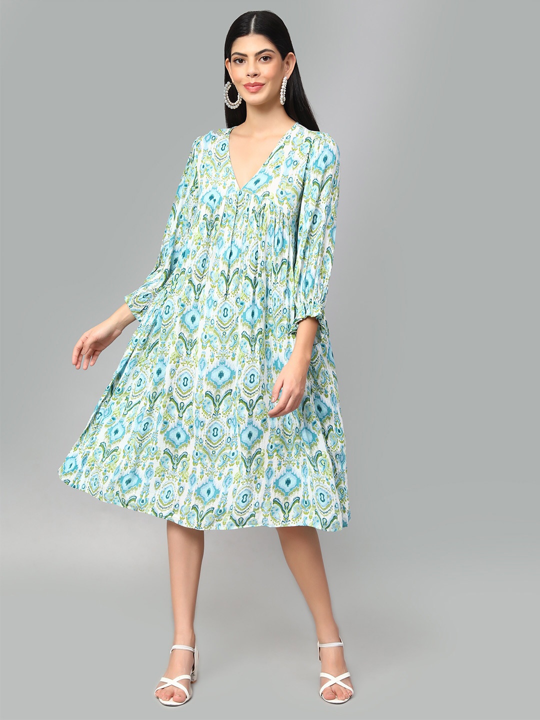 

Amagyaa Floral Printed Puff Sleeves Gathered Pure Cotton A-Line Midi Dress, Blue