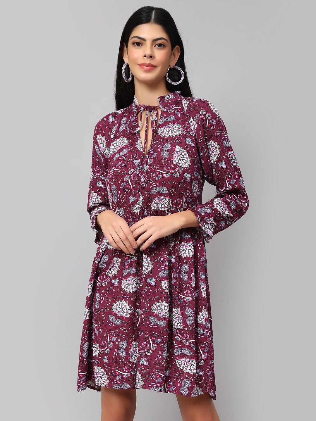 

Amagyaa Floral Printed Tie-Up Neck Puff Sleeves Gathered Pure Cotton Fit & Flare Dress, Purple