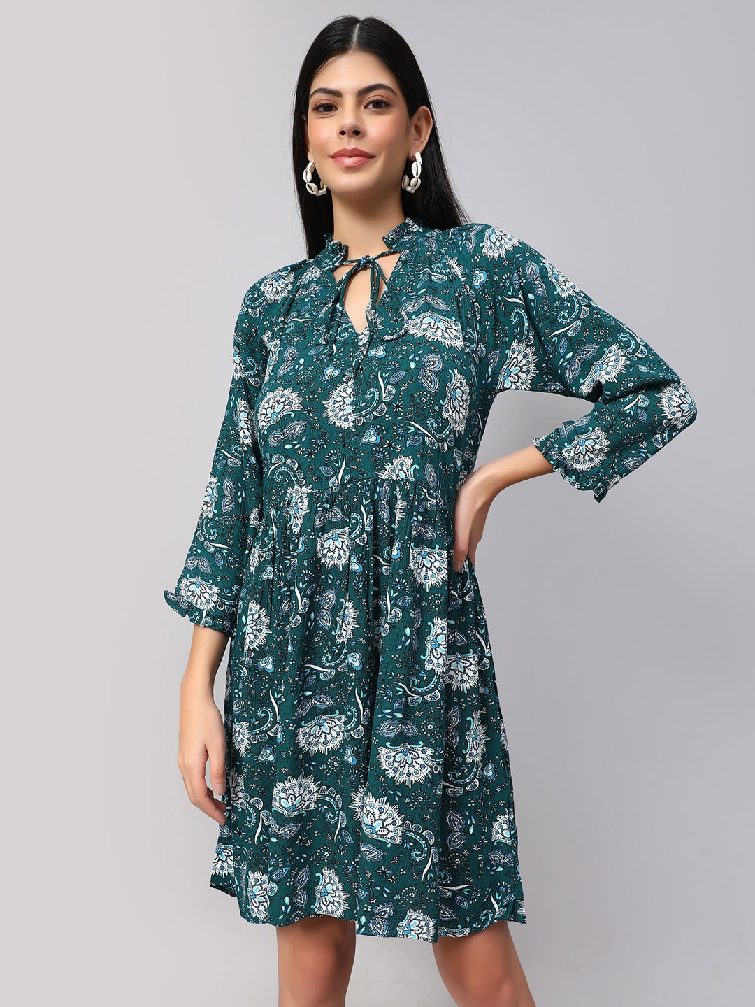 

Amagyaa Floral Printed Tie-Up Neck Puff Sleeves Gathered Pure Cotton Fit & Flare Dress, Teal