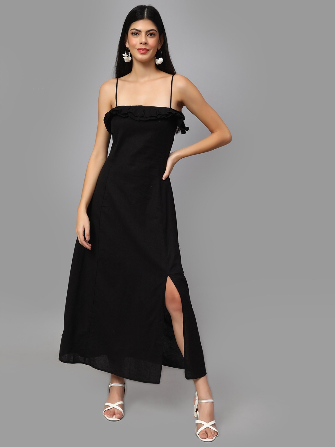 

Amagyaa Shoulder Straps Ruffled Pure Cotton Maxi Dress, Black
