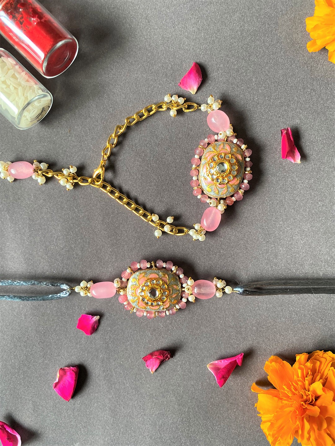

THE AAB STUDIO Set Of 2 Gold Plated Studded & Beaded Waterproof Charm Rakhi