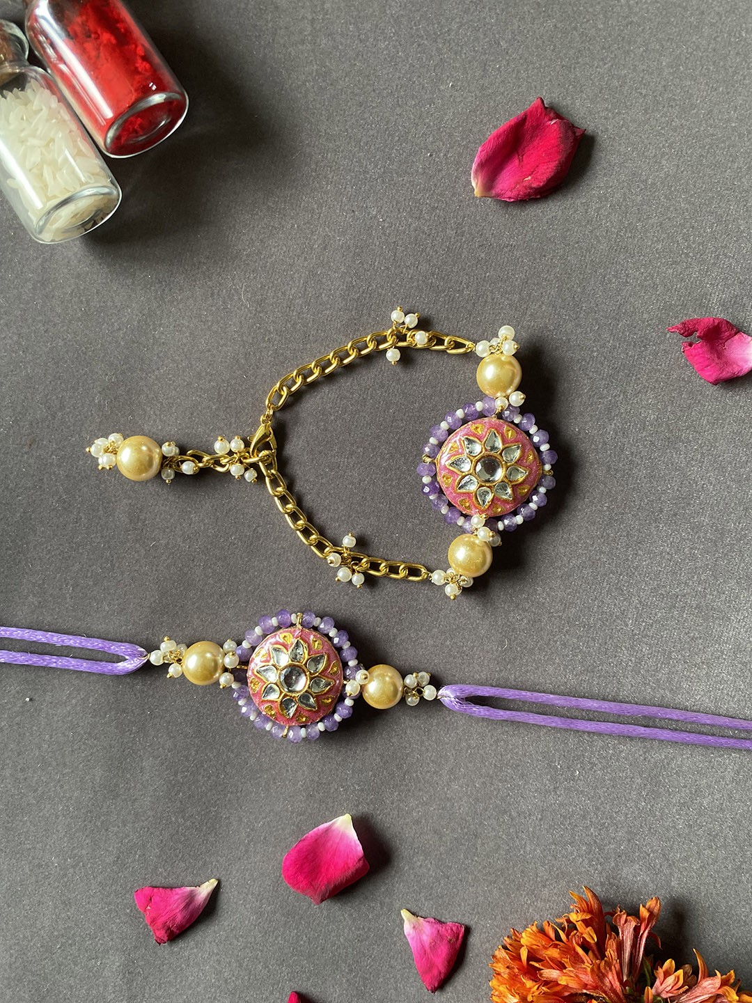 

THE AAB STUDIO Set Of 2 Gold-Plated Studded & Beaded Meenakari Rakhi