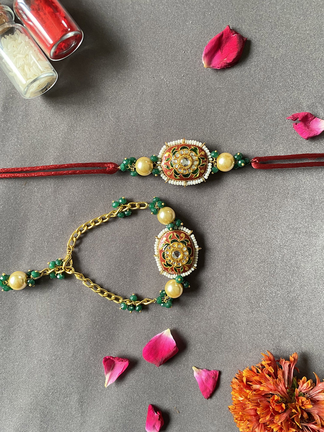 

THE AAB STUDIO Set Of 2 Gold-Plated Studded Beaded Waterproof Charm Rakhi