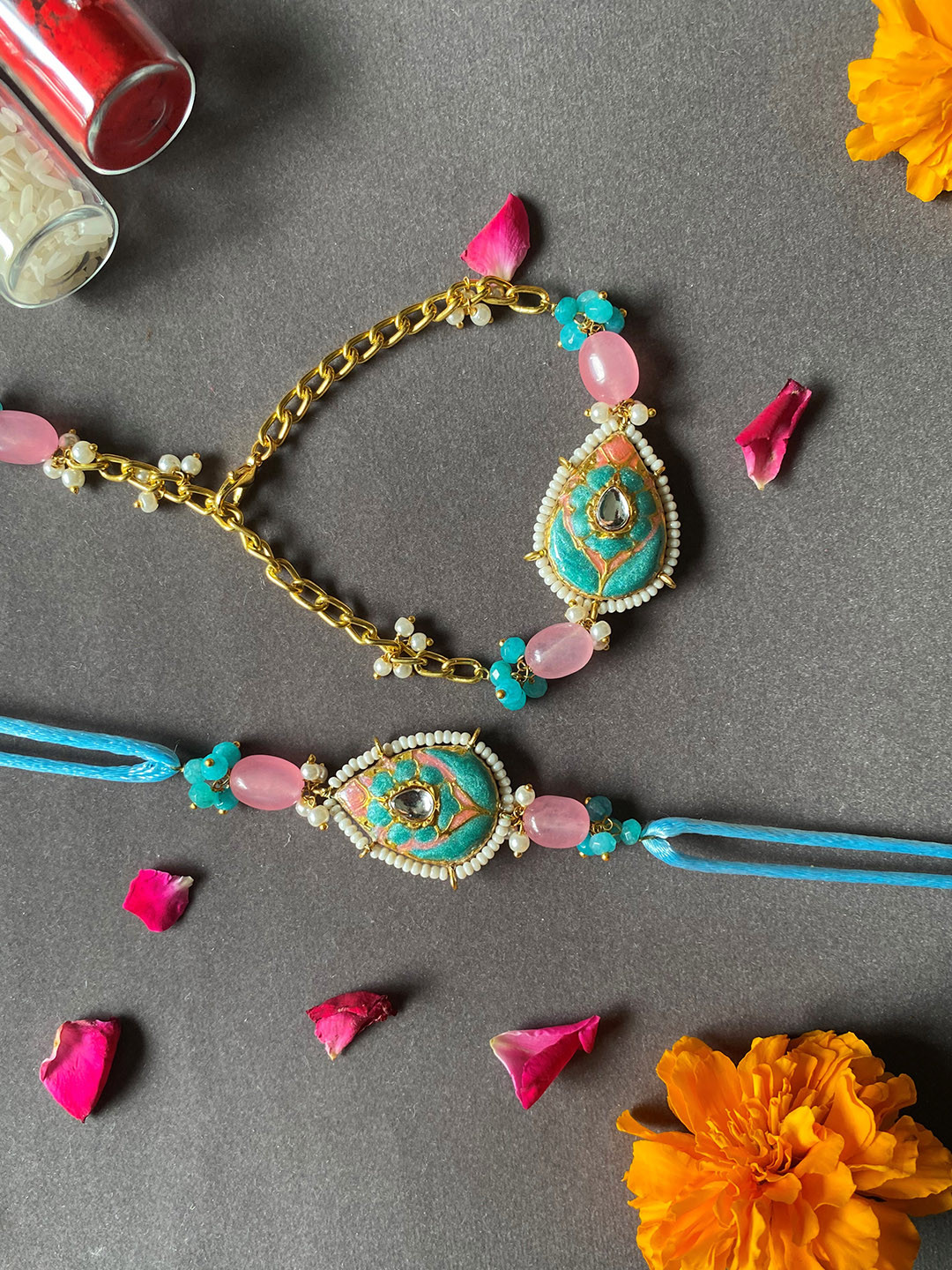 

THE AAB STUDIO Set Of 2 24K Gold-Plated Stone-Studded & Pearl-Beaded Charm Rakhi