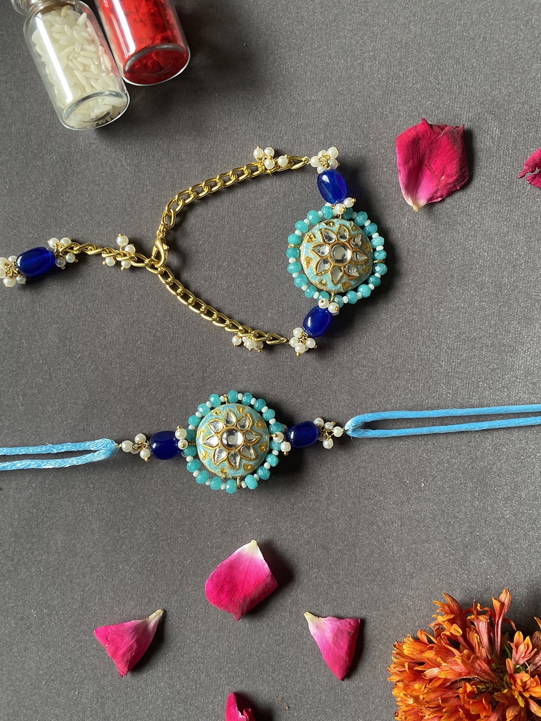 

THE AAB STUDIO 2 Pcs Gold-Plated Bhaiya Bhabhi Meenakari Kundan Rakhis, Turquoise blue