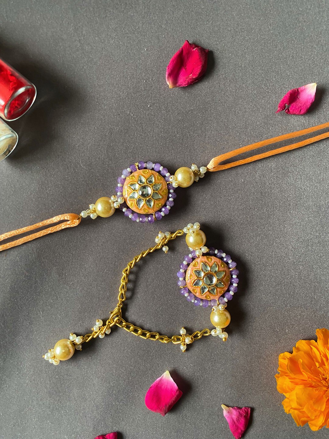 

THE AAB STUDIO Set of 2 24K Gold-Plated Stone-Studded Bhaiya Bhabhi Meenakari Rakhi