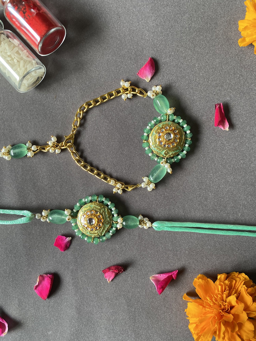 

THE AAB STUDIO Set of 2 24K Gold-Plated Stone-Studded Bhaiya Bhabhi Meenakari Rakhi