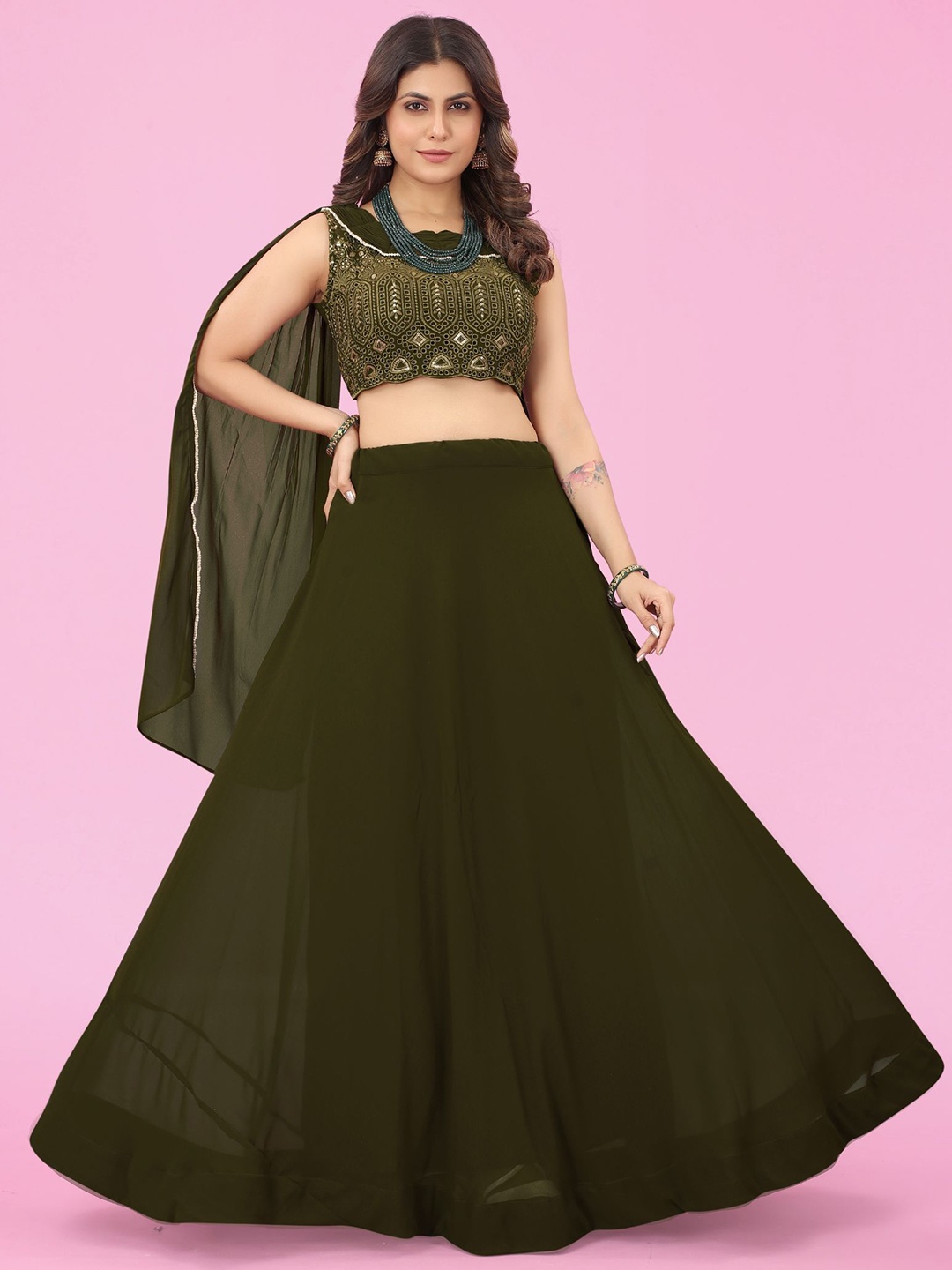

KALINI Ready to Wear Lehenga & Embroidered Blouse With Dupatta, Olive