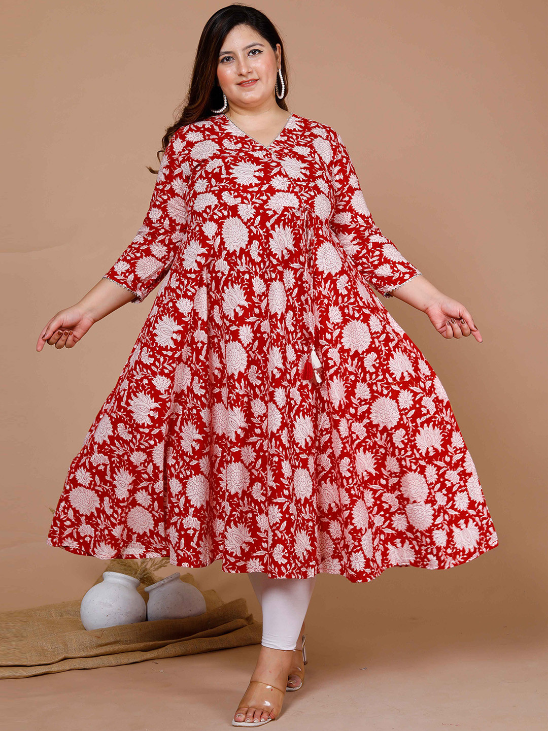 

MIRAVAN Plus Size Floral Printed V-Neck Angrakha Style Cotton Anarkali Kurta, Red