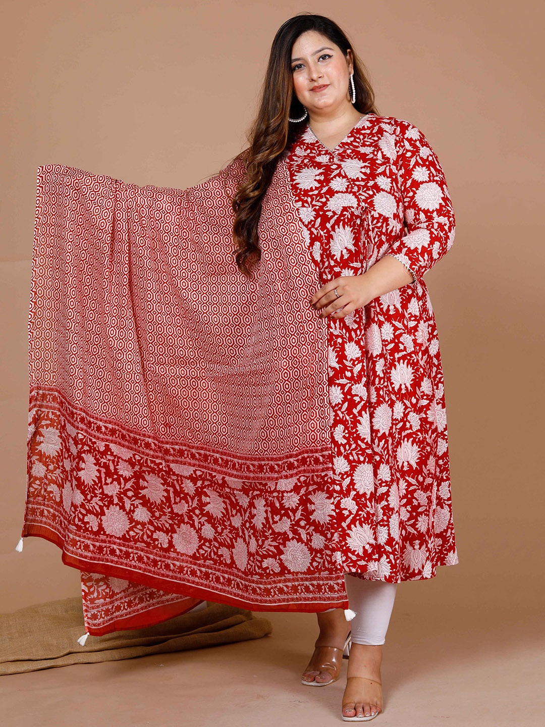 

MIRAVAN Plus Size Floral Printed V-Neck Angrakha Style Anarkali Kurta With Dupatta, Red