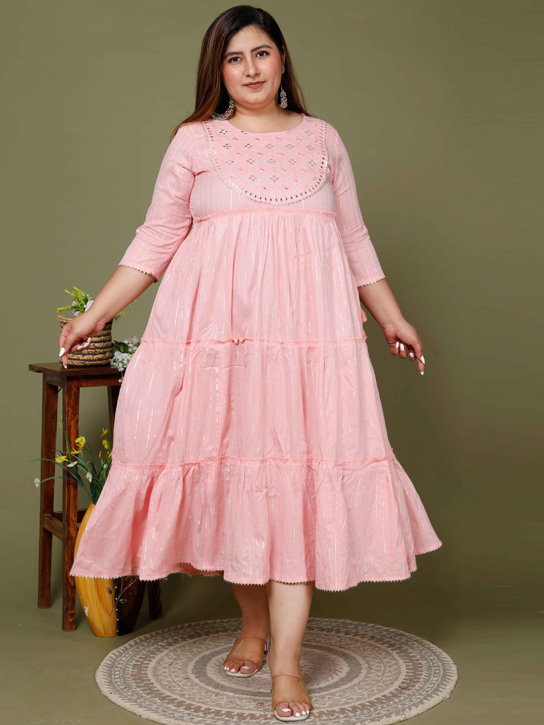 

MIRAVAN Plus Size Striped Embellished Tiered Cotton Fit & Flare Anarkali Kurta, Pink