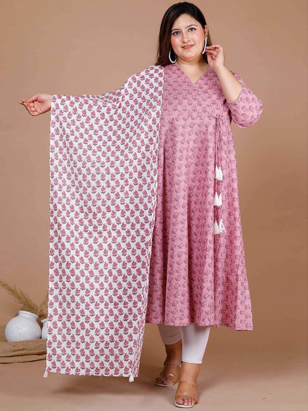 

MIRAVAN Plus Size Floral Printed V-Neck Angrakha Style Anarkali Kurta With Dupatta, Pink