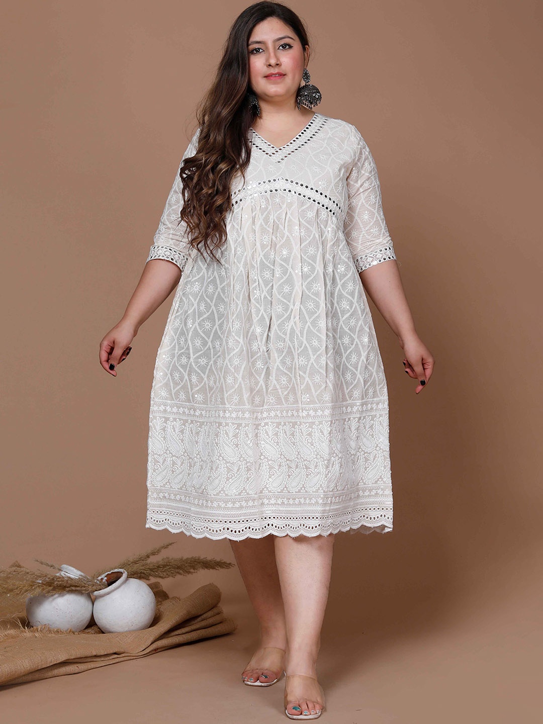 

MIRAVAN Embroidered V-Neck Mirror Work Midi Ethnic Dress, Off white