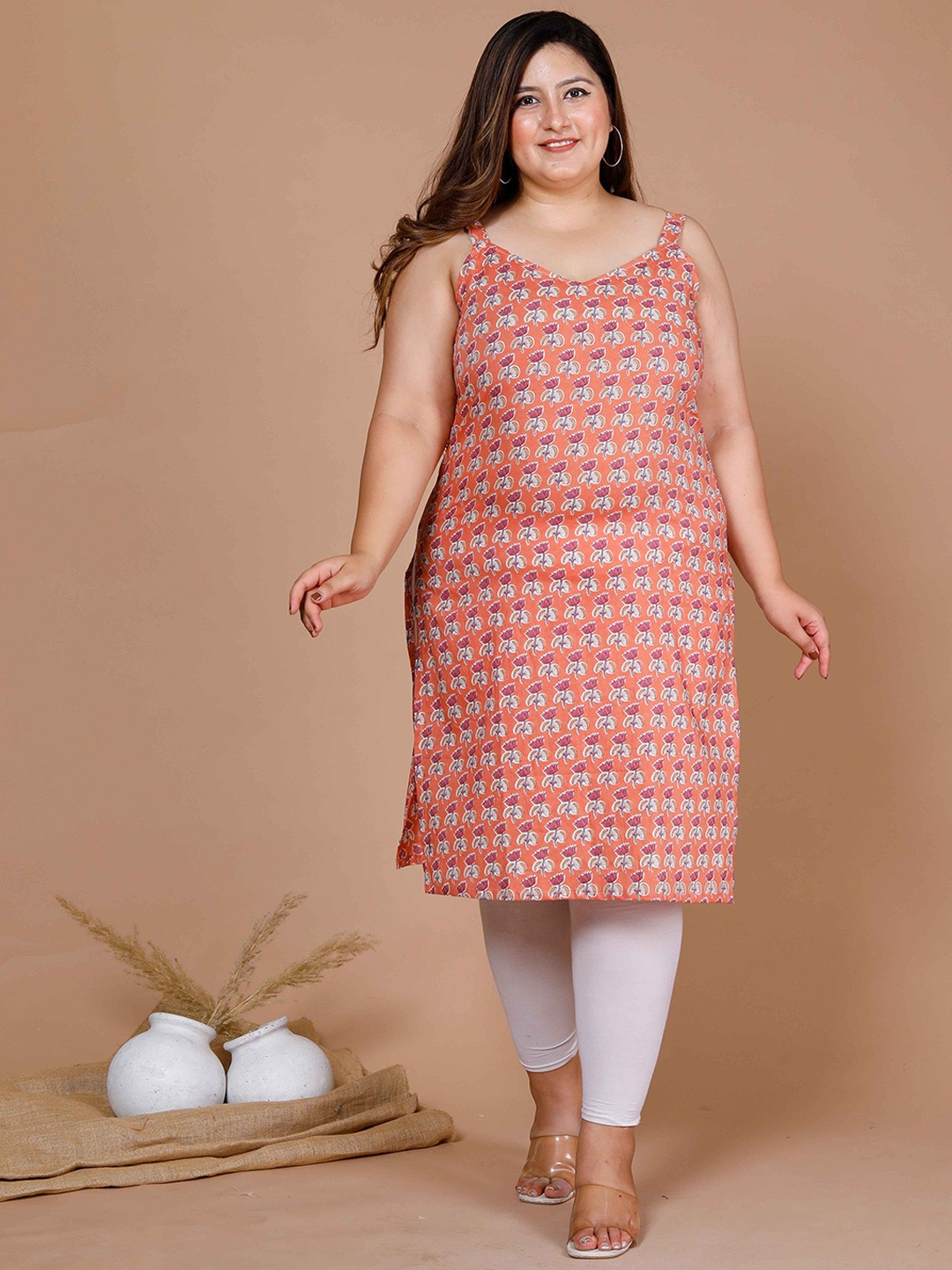 

MIRAVAN Floral Printed Shoulder Straps Straight Kurta, Peach