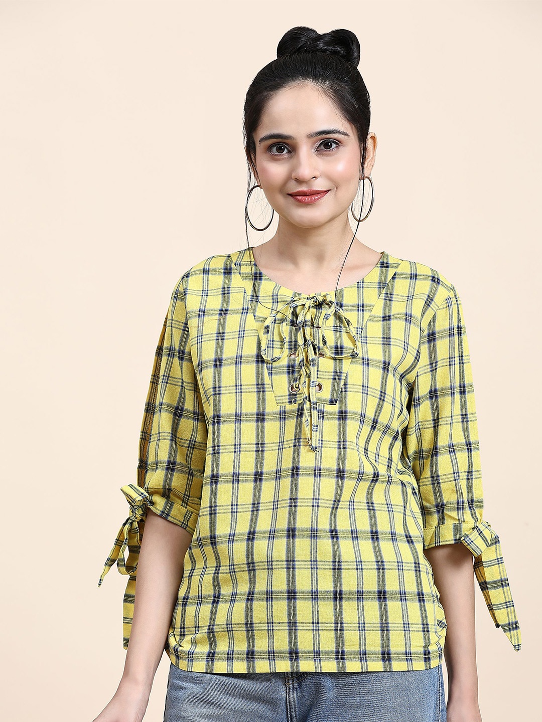 

RACHNA Checked Tie-Up Neck Tie Ups Detail Cotton Top, Yellow