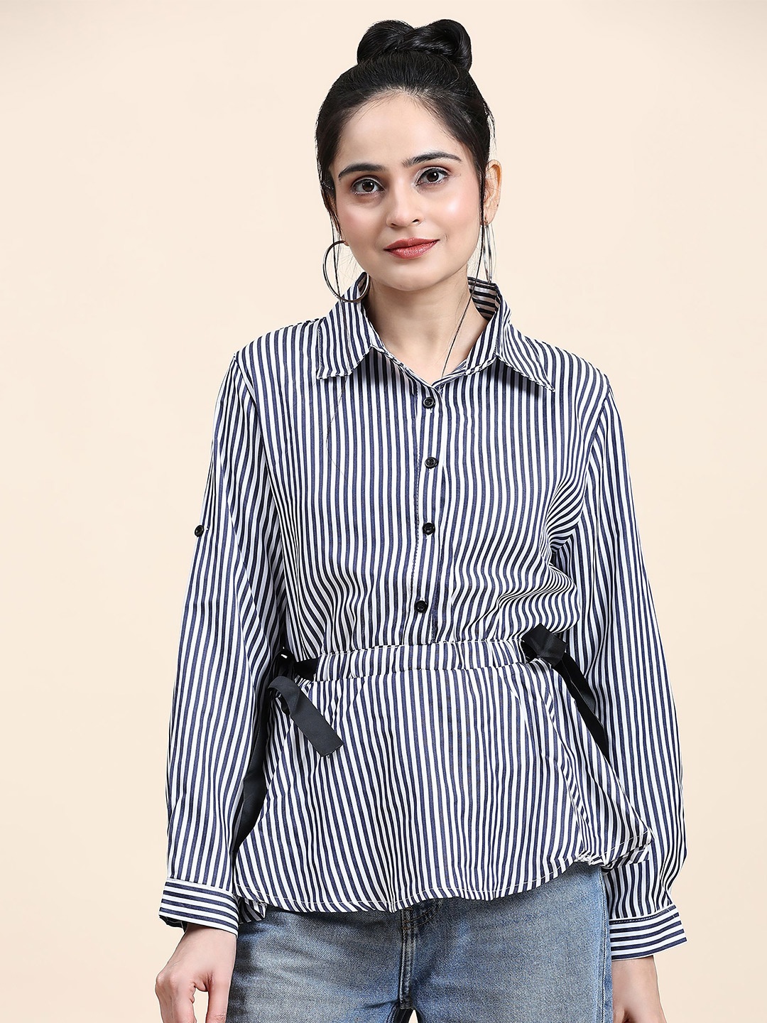 

RACHNA Vertical Striped Waist Tie-Ups Detail Shirt Style Top, Navy blue