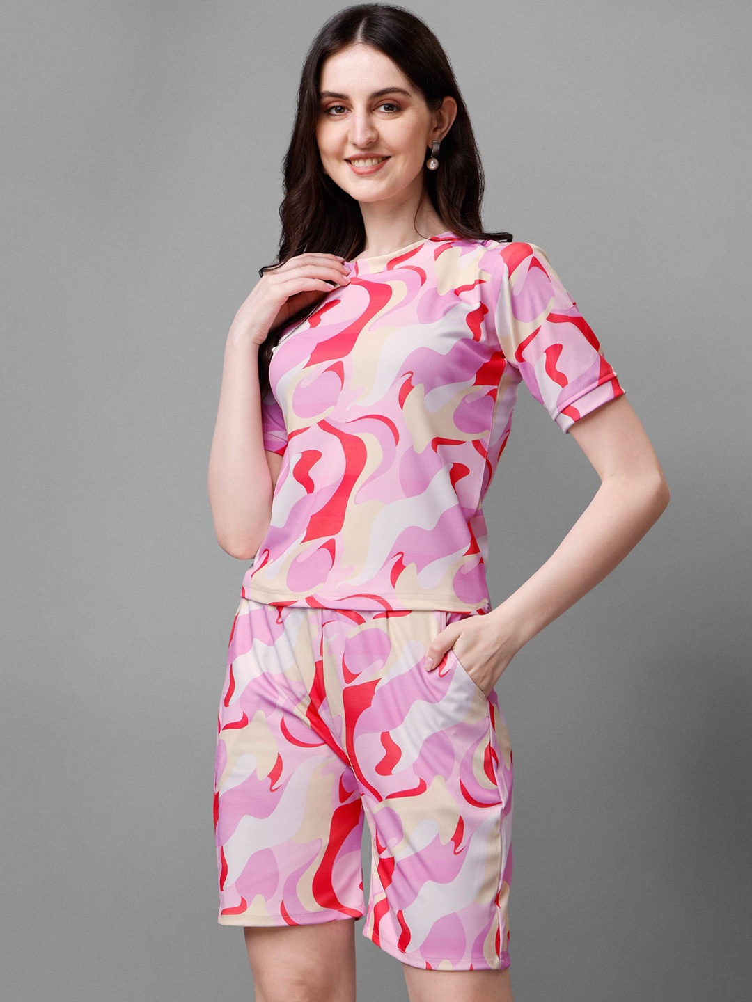 

DL Fashion Printed Round Neck T-shirt & Shorts, Pink